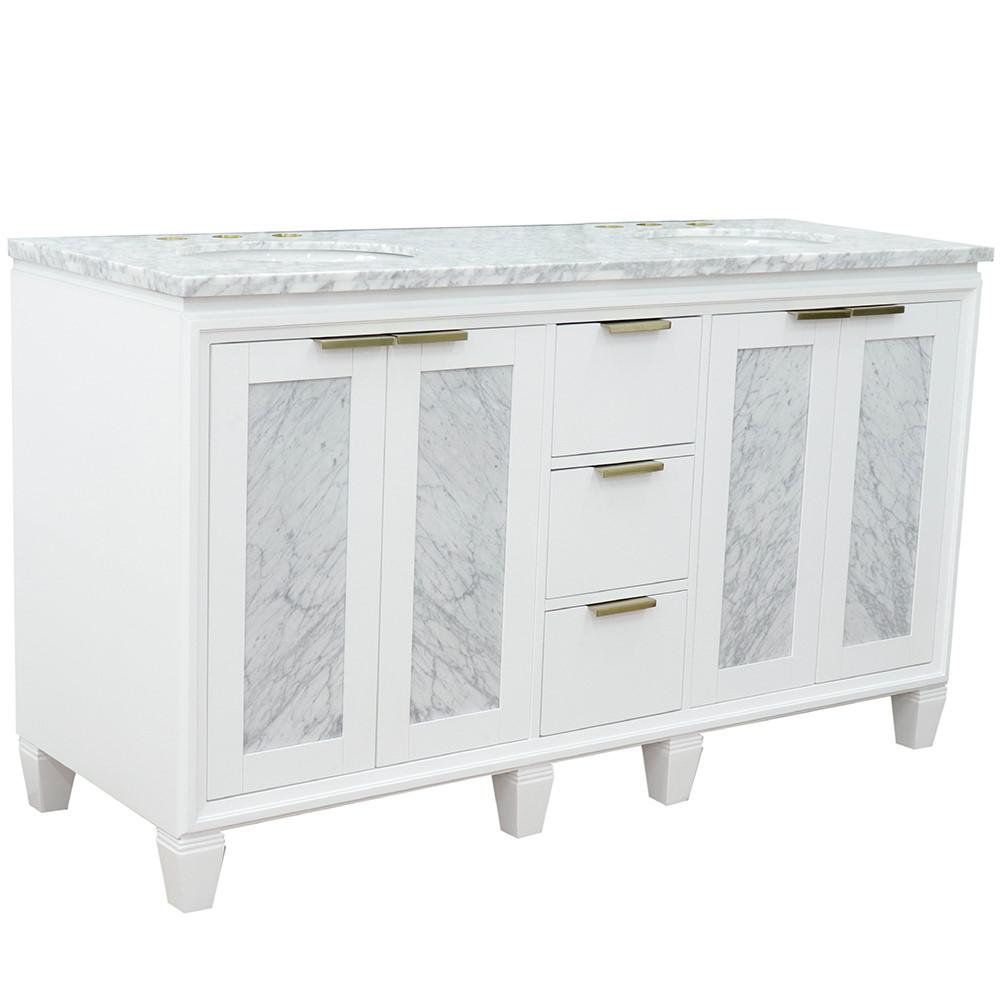 61 Double sink vanity in White finish with White Carrara marble and oval sink. Picture 1