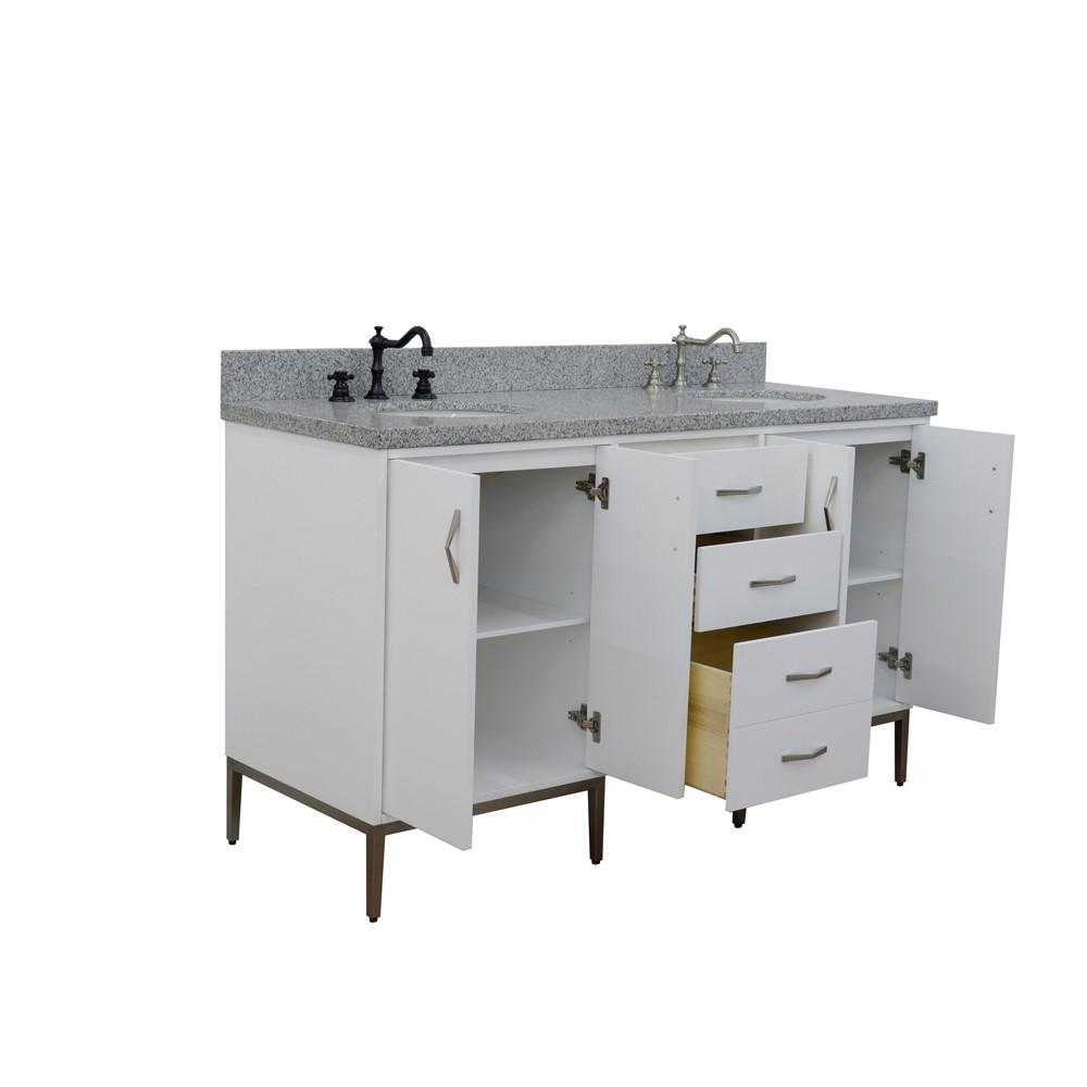 61 Double sink vanity in White finish with Gray granite and oval sink. Picture 10