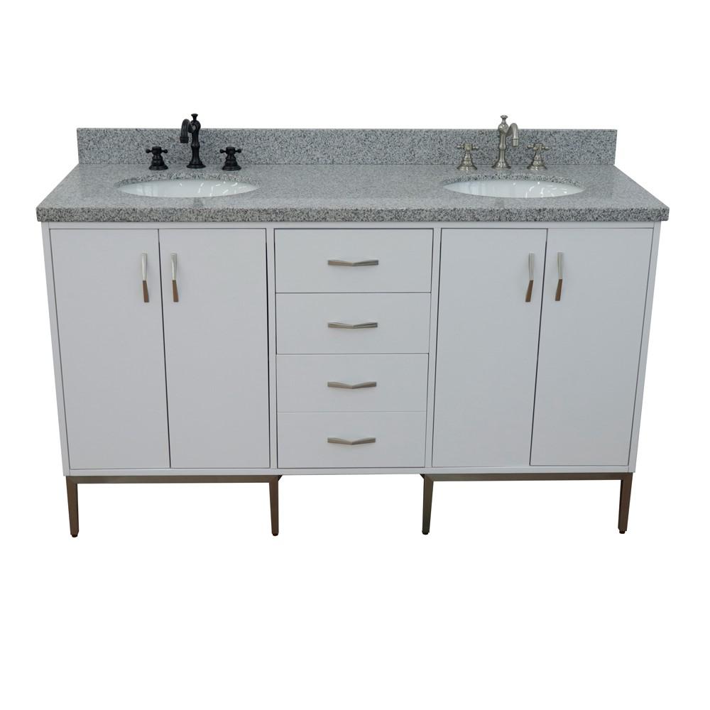 61 Double sink vanity in White finish with Gray granite and oval sink. Picture 12