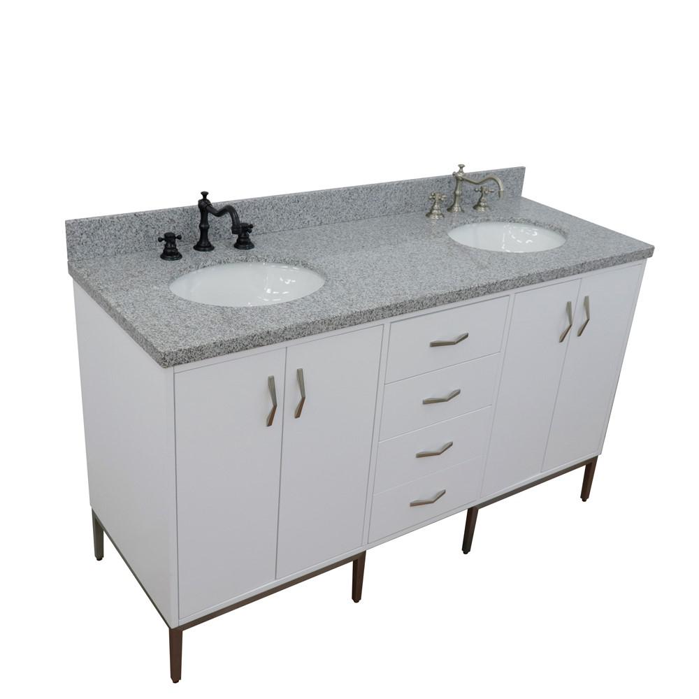 61 Double sink vanity in White finish with Gray granite and oval sink. Picture 13