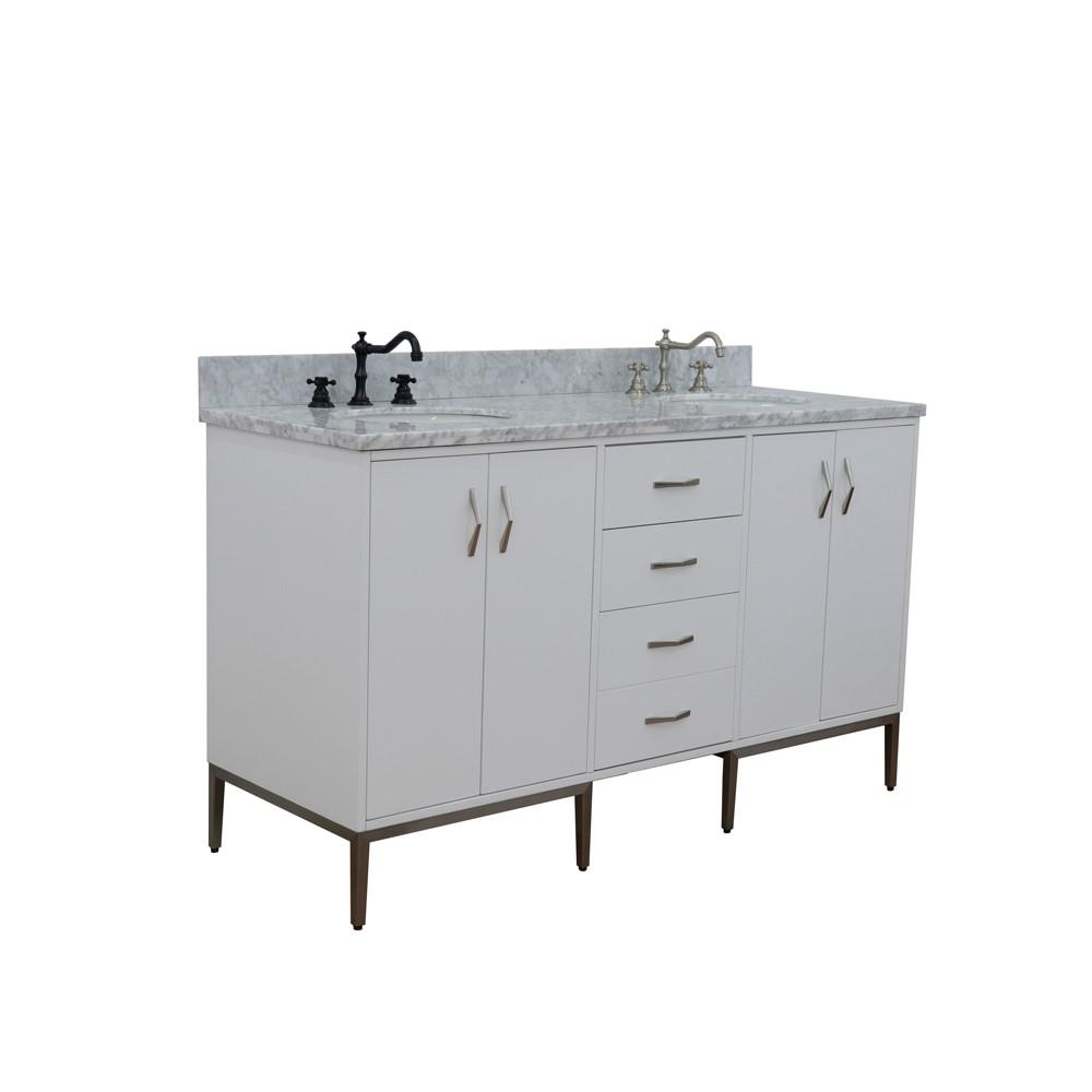 61 Double sink vanity in White finish with White Carrara marble and oval sink. Picture 3