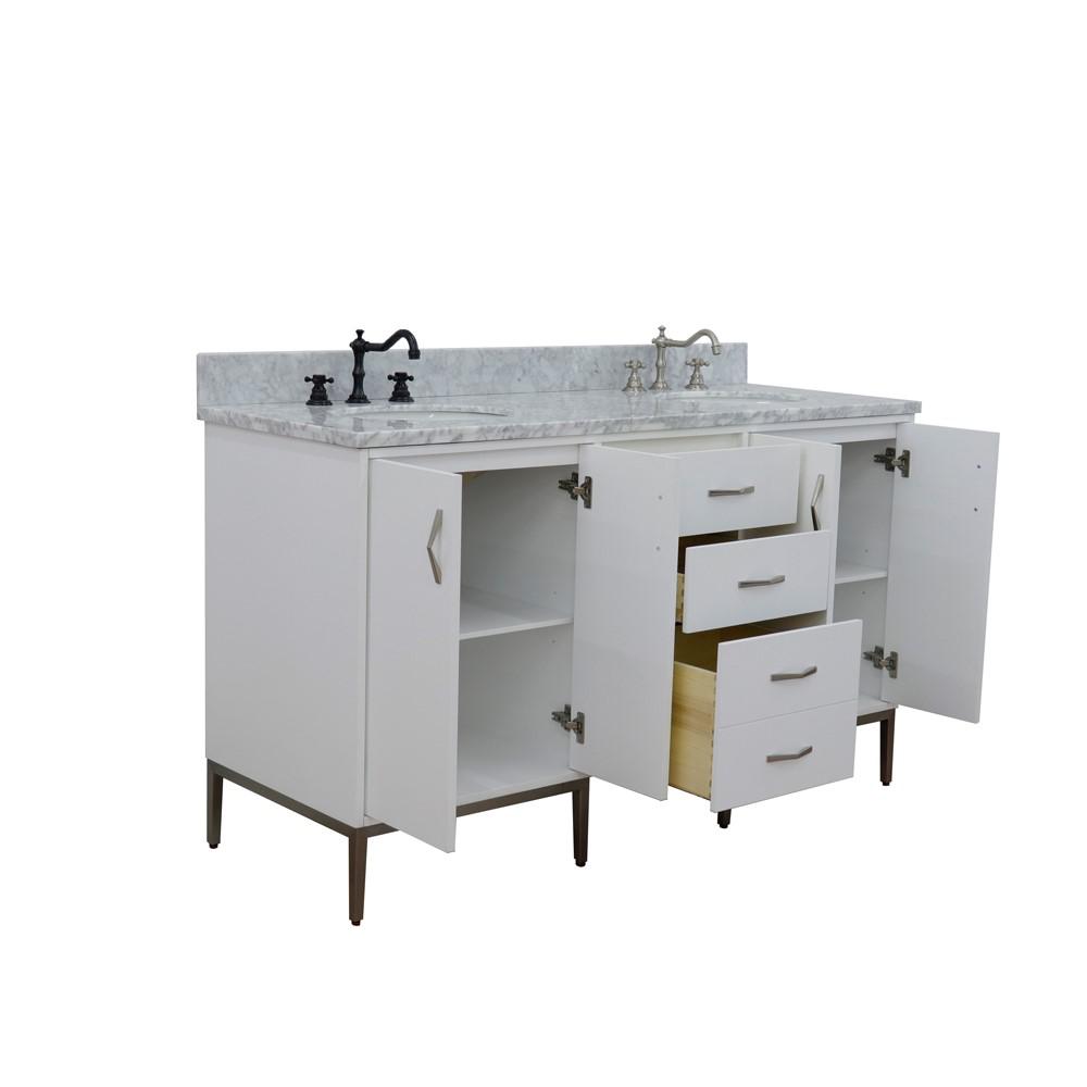 61 Double sink vanity in White finish with White Carrara marble and oval sink. Picture 11