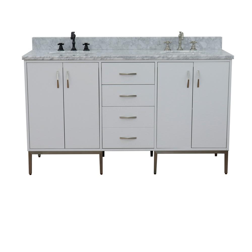 61 Double sink vanity in White finish with White Carrara marble and oval sink. Picture 12