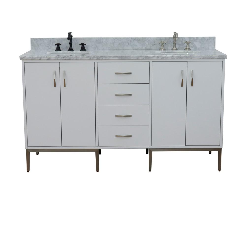 61 Double sink vanity in White finish with White Carrara marble and oval sink. Picture 13