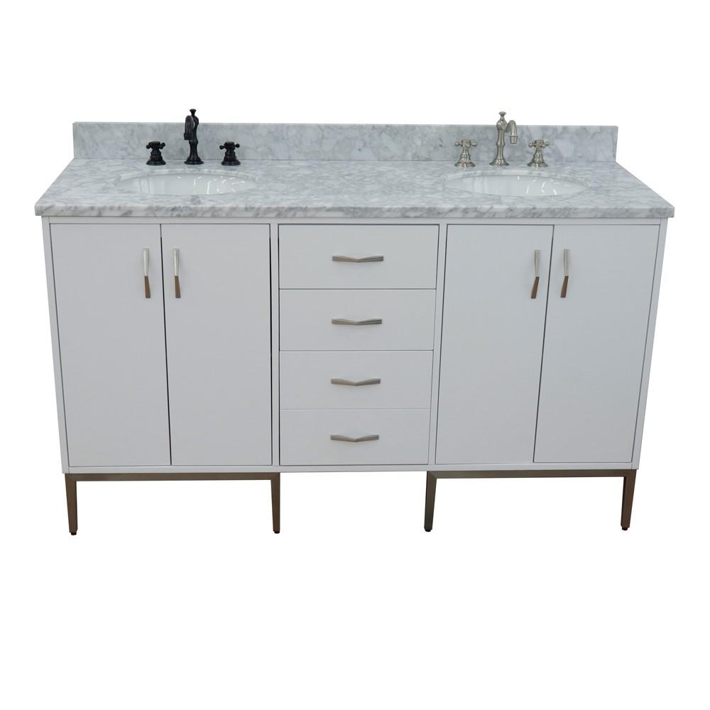 61 Double sink vanity in White finish with White Carrara marble and oval sink. Picture 14