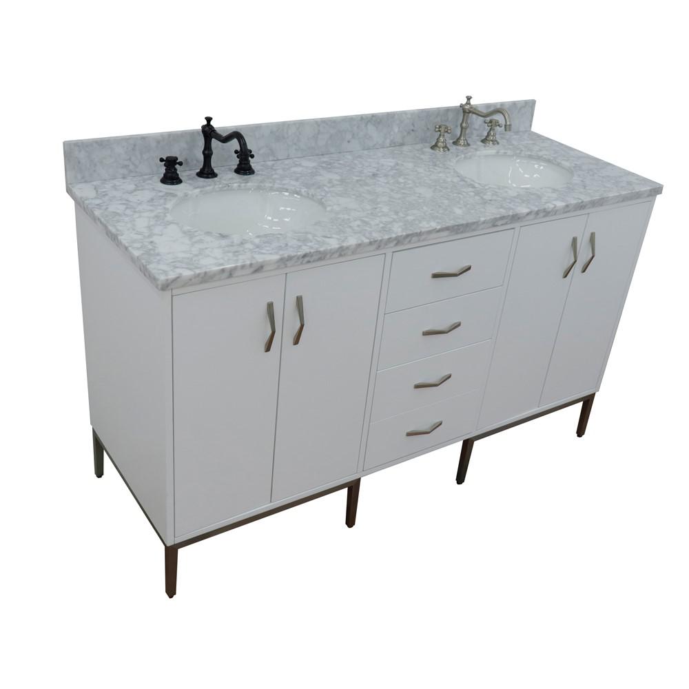 61 Double sink vanity in White finish with White Carrara marble and oval sink. Picture 15