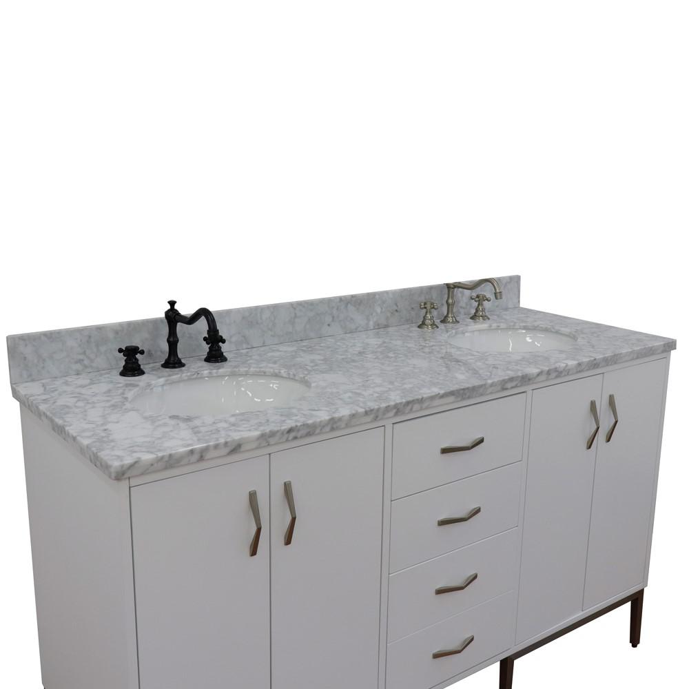 61 Double sink vanity in White finish with White Carrara marble and oval sink. Picture 16