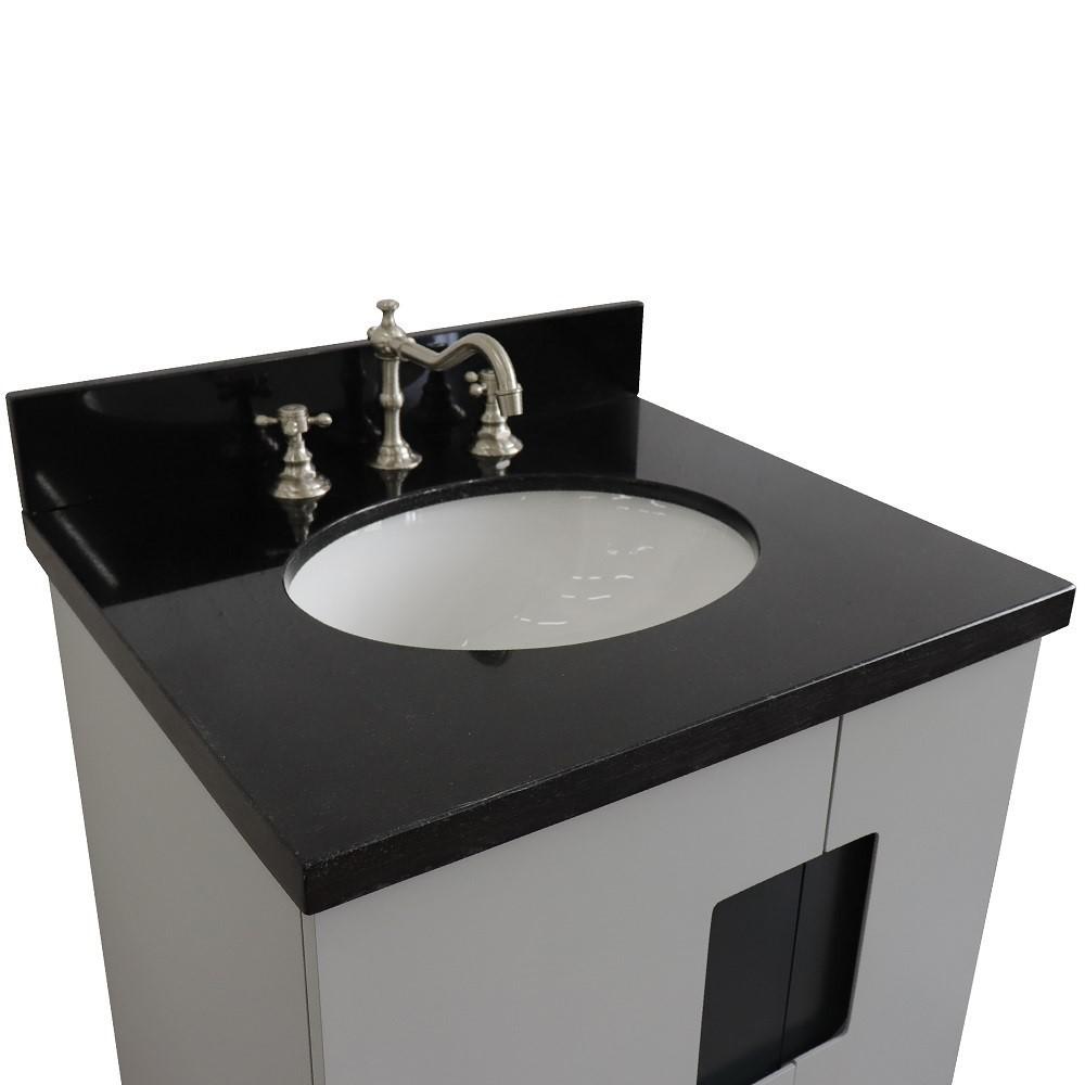 Single sink vanity in Light Gray with Black galaxy granite and oval sink. Picture 8