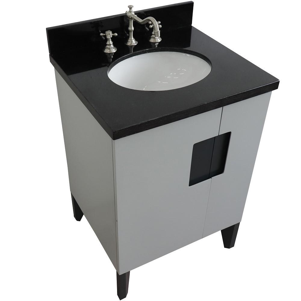 Single sink vanity in Light Gray with Black galaxy granite and oval sink. Picture 11