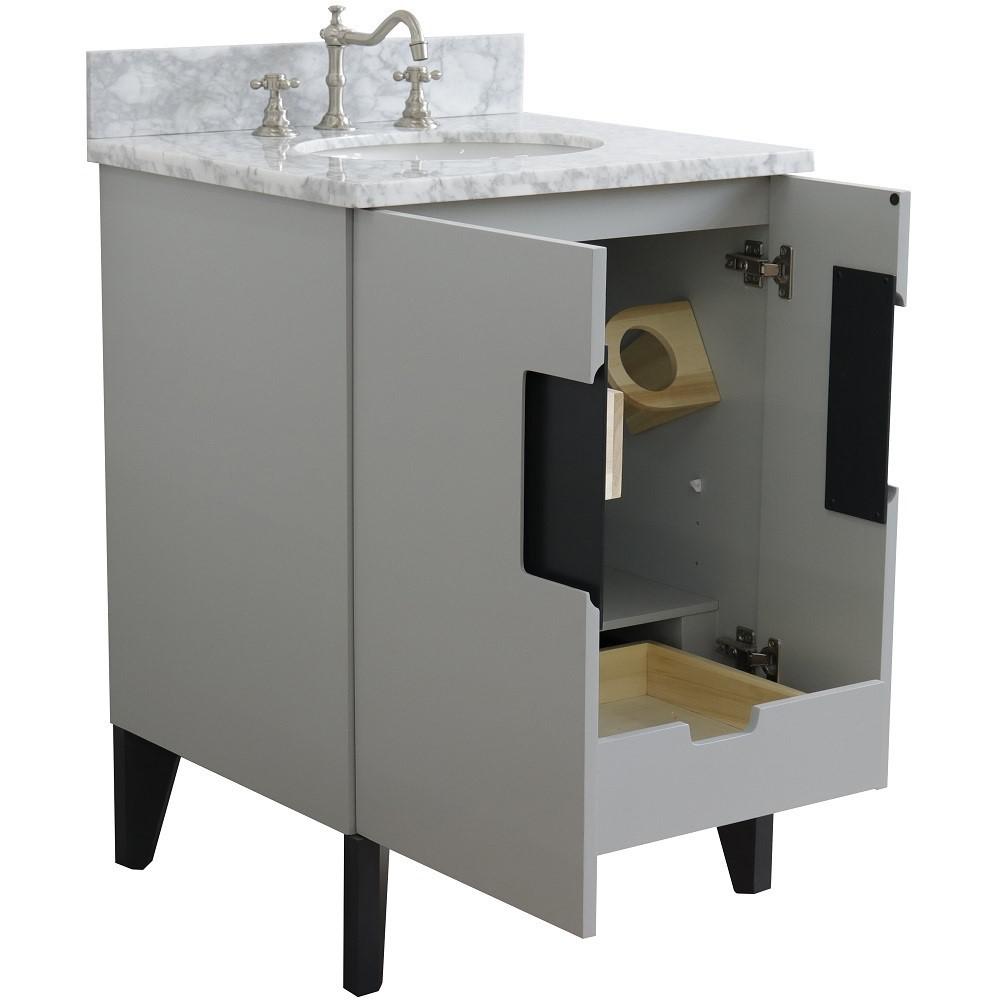 Single sink vanity in Light Gray with White Carrara marble and oval sink. Picture 5