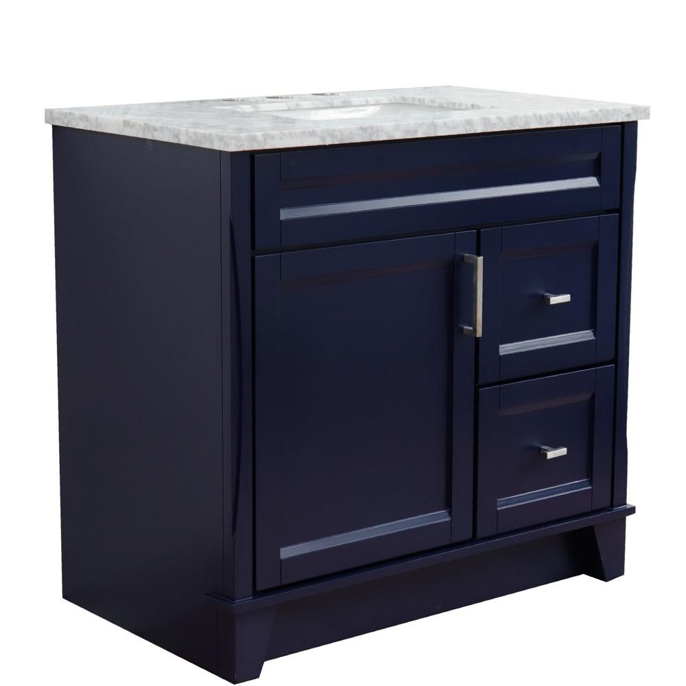 Single sink vanity in Blue with White Carrara marble and door/sink. Picture 1