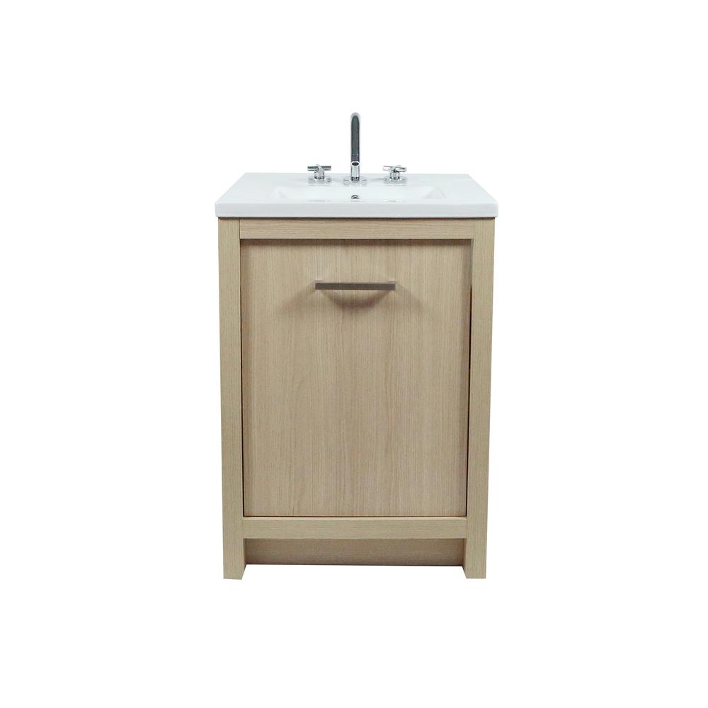 24 Single Sink Vanity In Neutral Finish with White Ceramic Top. Picture 3