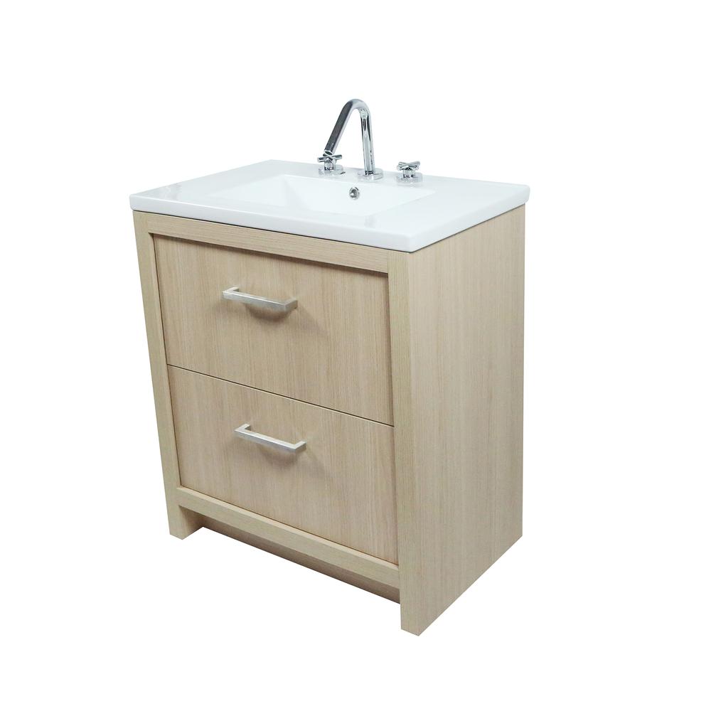 30 Single Sink Vanity In Neutral Finish with White Ceramic Top. Picture 2