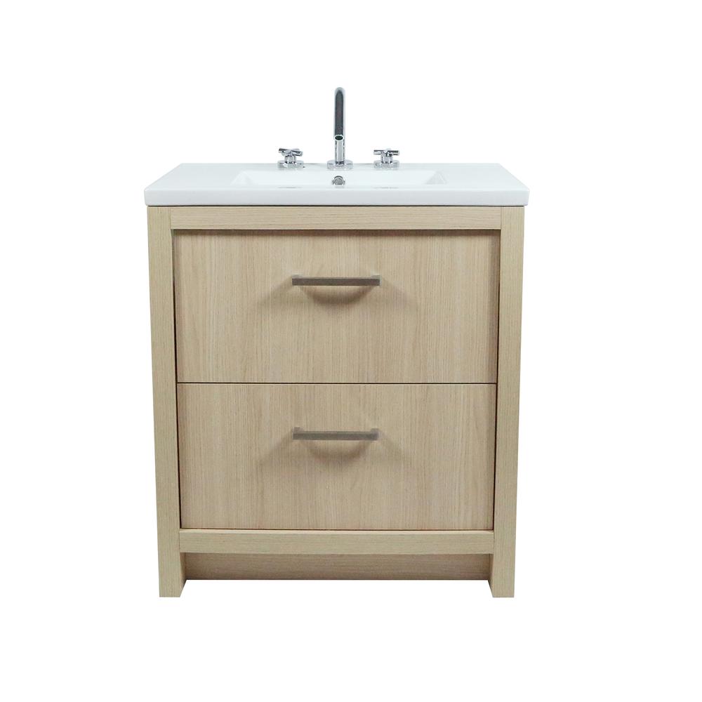 30 Single Sink Vanity In Neutral Finish with White Ceramic Top. Picture 3