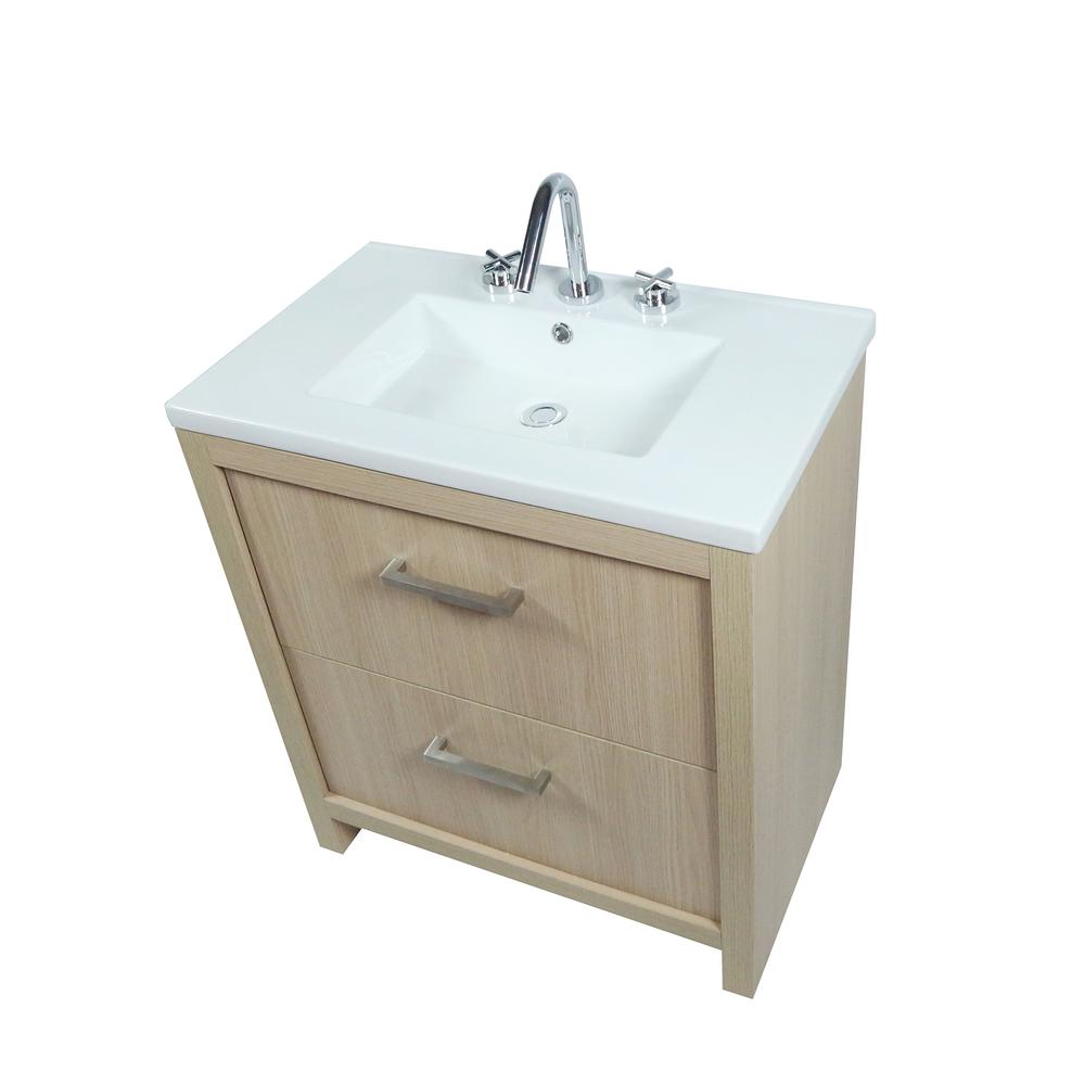 30 Single Sink Vanity In Neutral Finish with White Ceramic Top. Picture 4