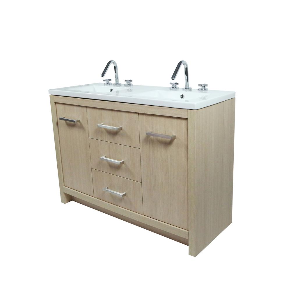 48 Double Sink Vanity In Neutral Finish with White Ceramic Top. Picture 2
