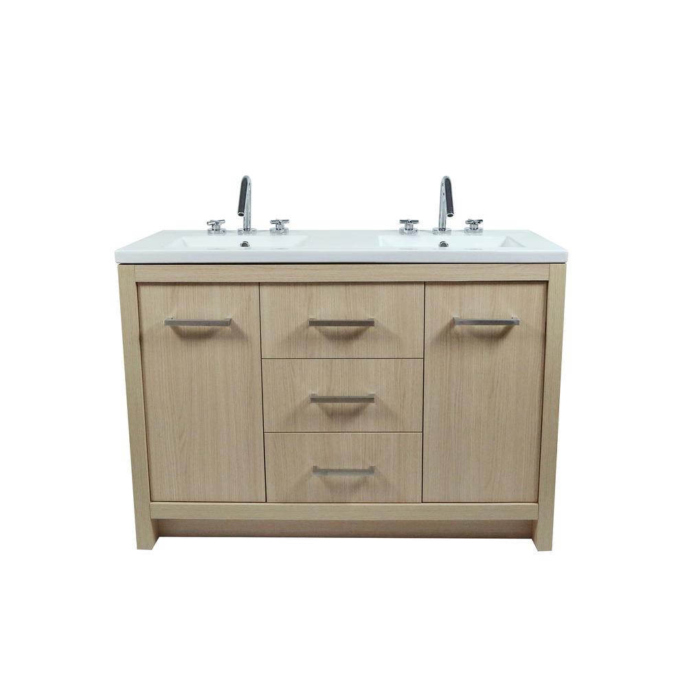 48 Double Sink Vanity In Neutral Finish with White Ceramic Top. Picture 3