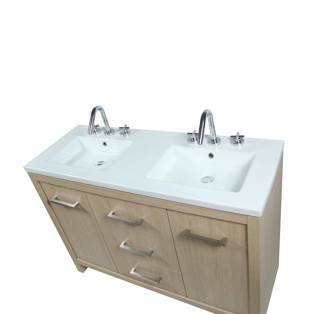 48 Double Sink Vanity In Neutral Finish with White Ceramic Top. Picture 4