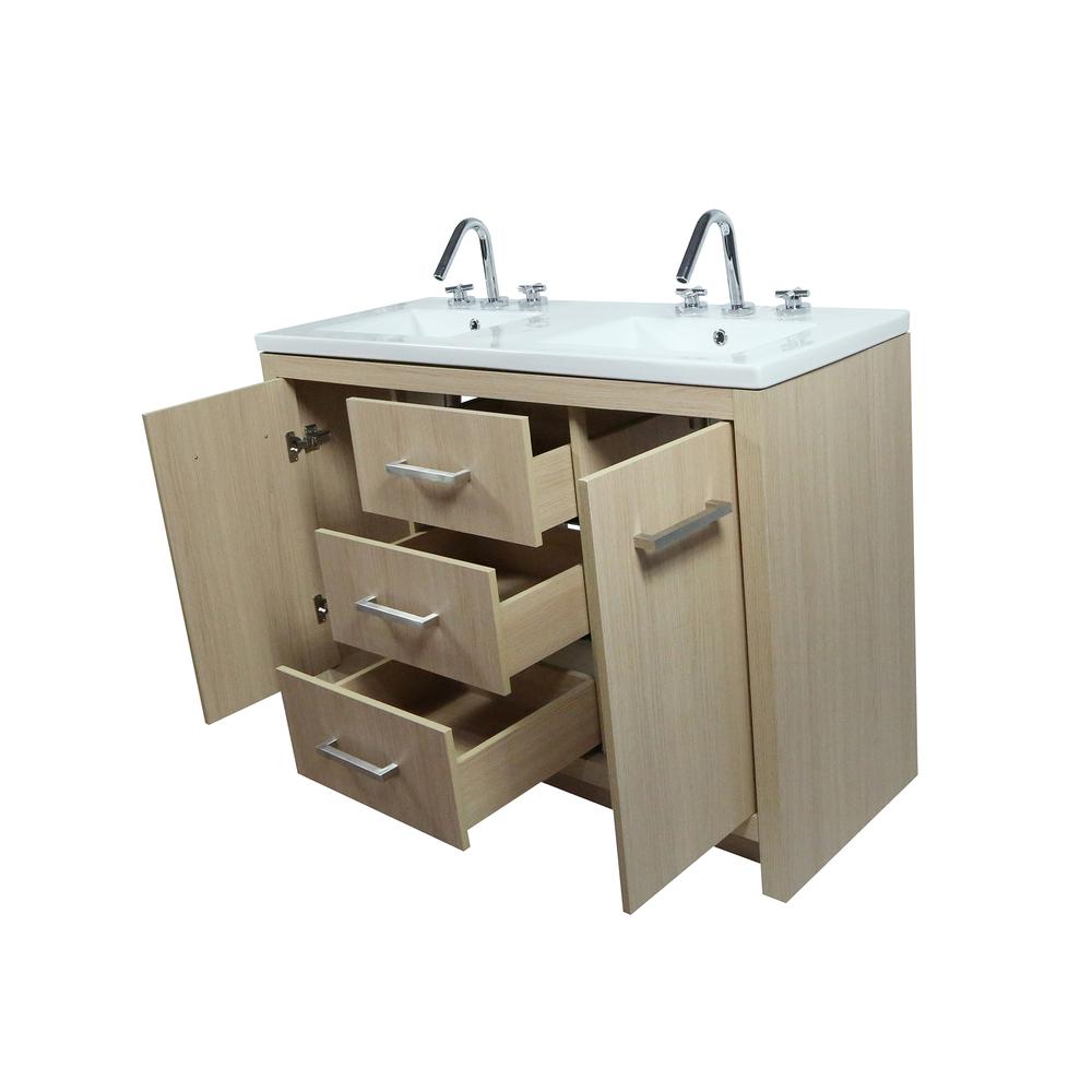 48 Double Sink Vanity In Neutral Finish with White Ceramic Top. Picture 5