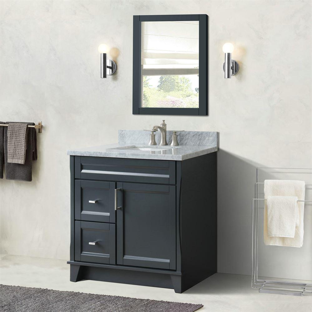 Single sink vanity in Dark Gray with White Carrara marble and rectangle sink. Picture 4