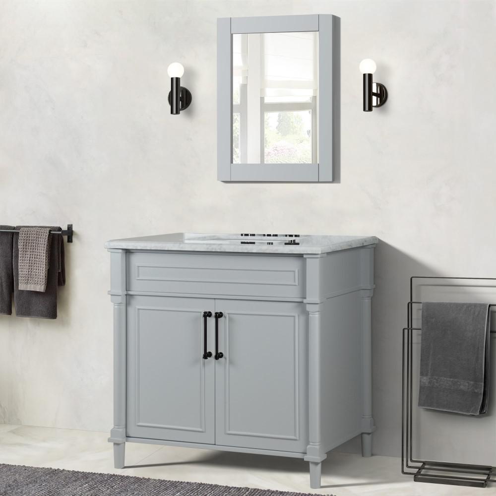 36 SINGLE VANITY IN L/GRAY WITH WHITE CARRRA MARBLE TOP. Picture 2