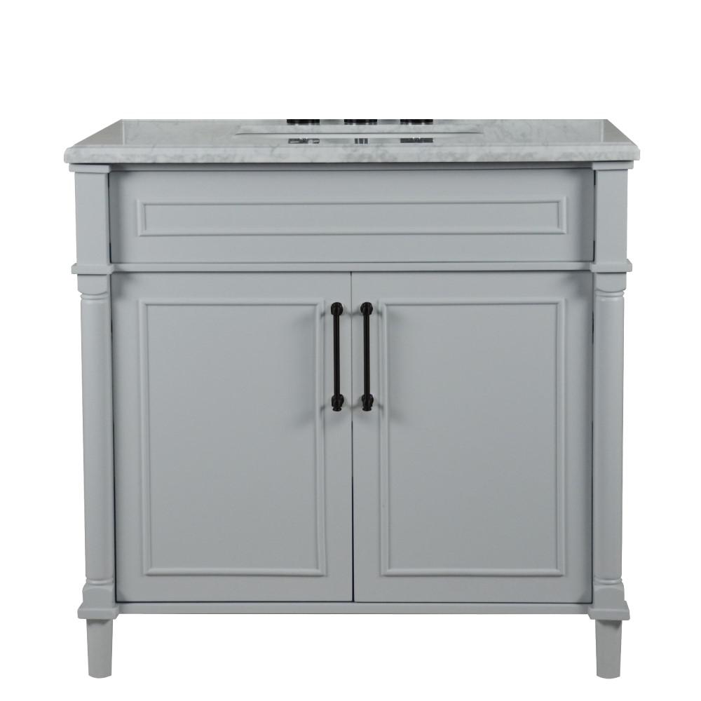 36 SINGLE VANITY IN L/GRAY WITH WHITE CARRRA MARBLE TOP. Picture 4