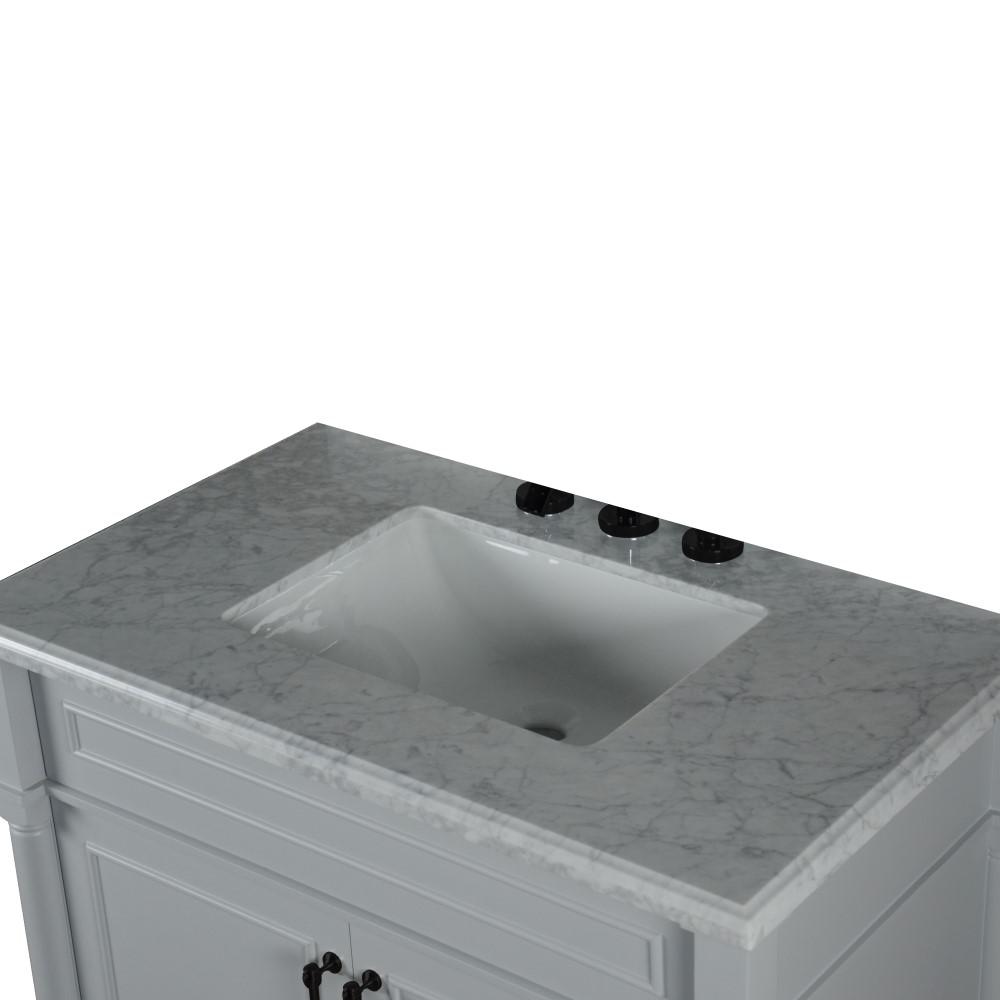 36 SINGLE VANITY IN L/GRAY WITH WHITE CARRRA MARBLE TOP. Picture 5