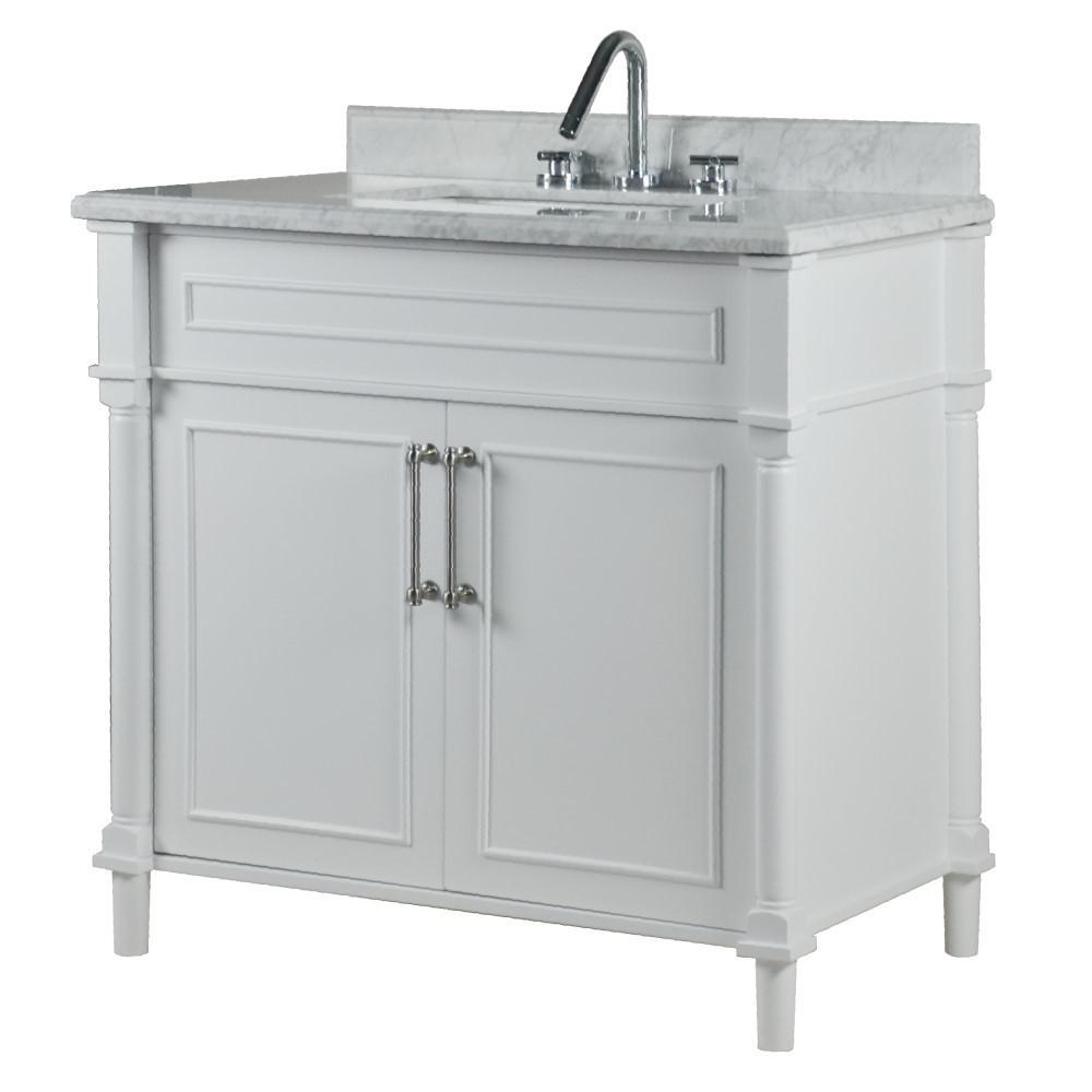 36 SINGLE VANITY IN WHITE WITH WHITE CARRRA MARBLE TOP. Picture 1