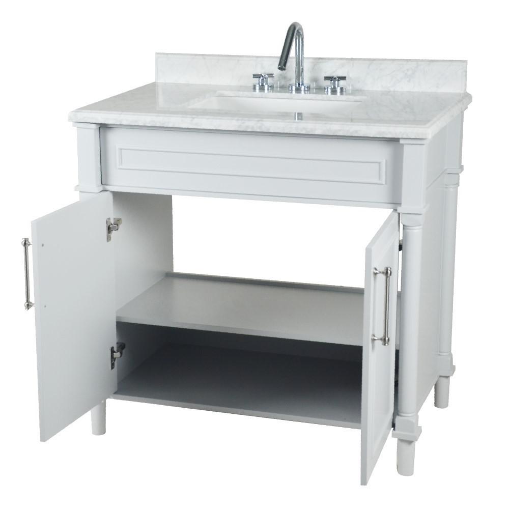 36 SINGLE VANITY IN WHITE WITH WHITE CARRRA MARBLE TOP. Picture 3