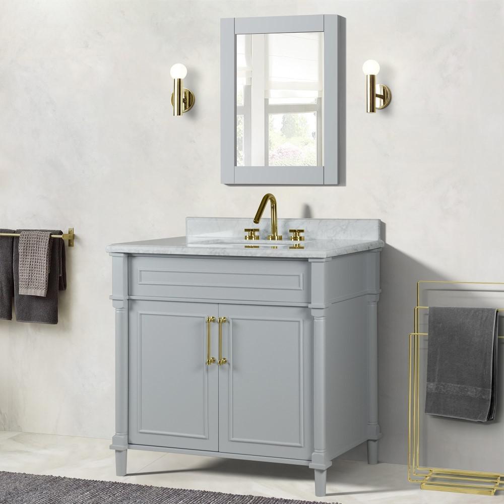 36 SINGLE VANITY IN L/GRAY WITH WHITE CARRRA MARBLE TOP. Picture 7