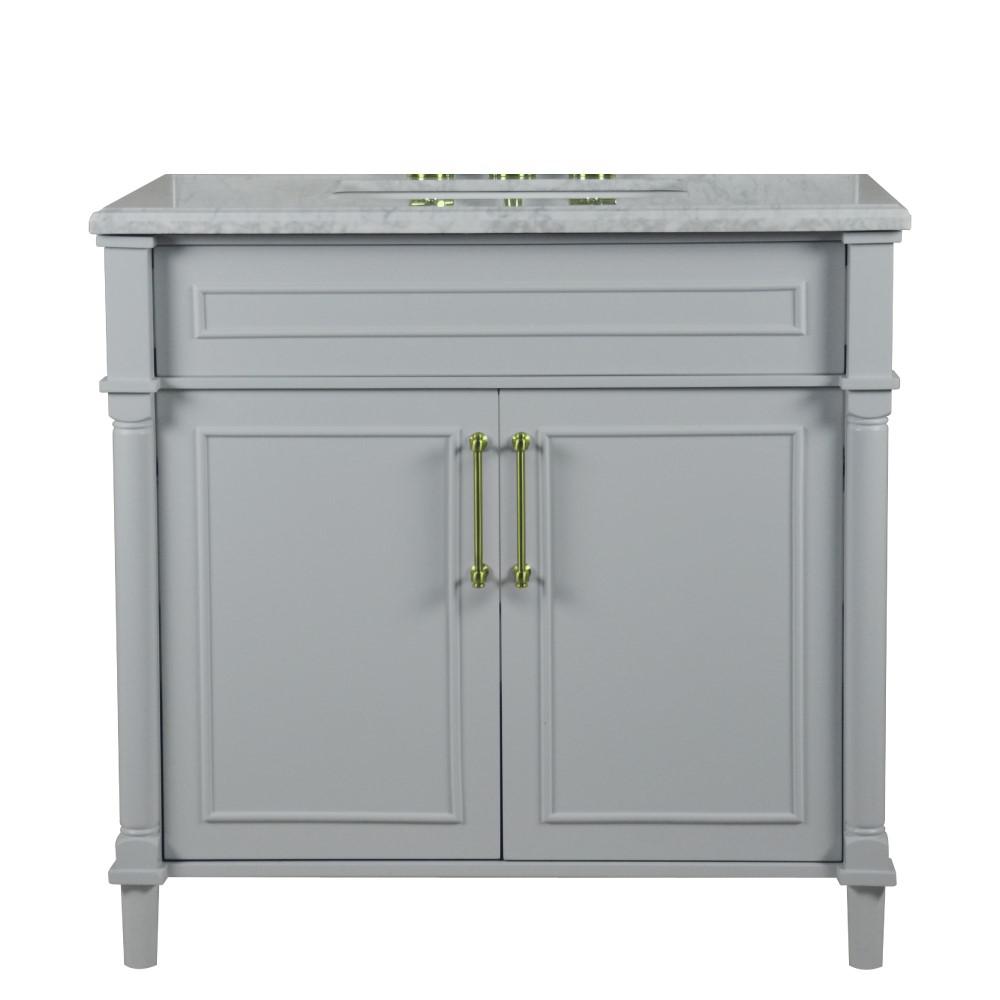 36 SINGLE VANITY IN L/GRAY WITH WHITE CARRRA MARBLE TOP. Picture 4