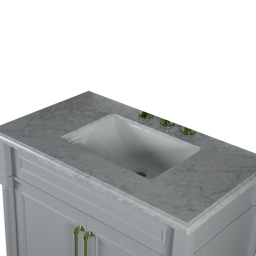 36 SINGLE VANITY IN L/GRAY WITH WHITE CARRRA MARBLE TOP. Picture 5