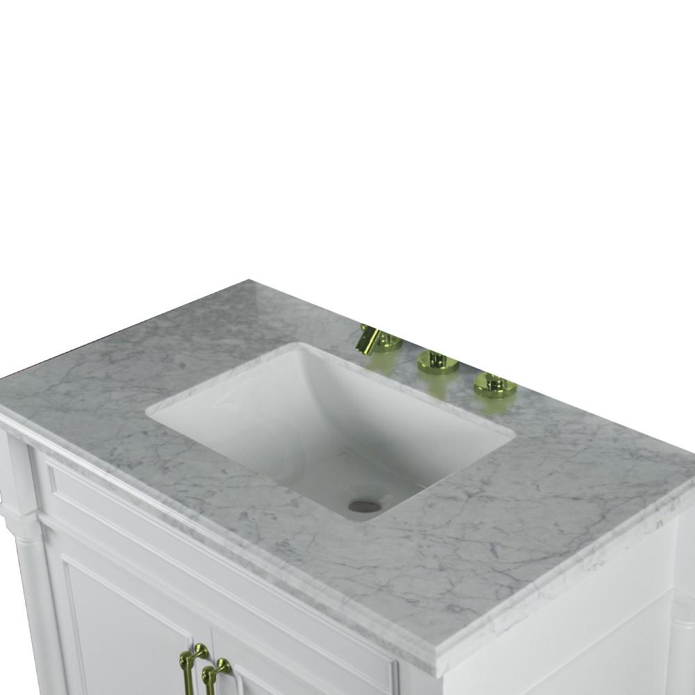 36 SINGLE VANITY IN WHITE WITH WHITE CARRRA MARBLE TOP. Picture 5