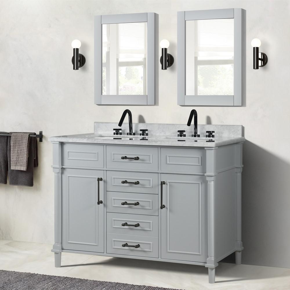 48 DOUBLE VANITY IN L/GRAY WITH WHITE CARRRA MARBLE TOP. Picture 7