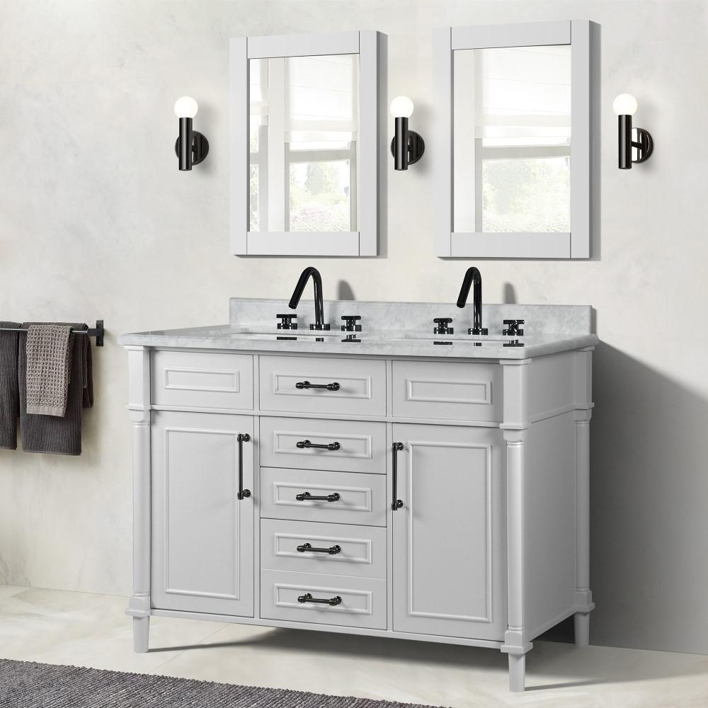 48 DOUBLE VANITY IN WHITE WITH WHITE CARRRA MARBLE TOP. Picture 7