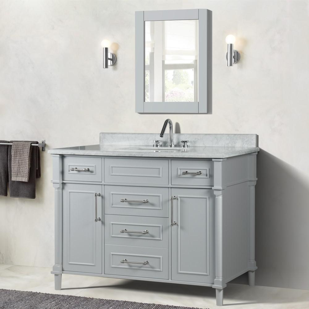 48 SINGLE VANITY IN L/GRAY WITH WHITE CARRRA MARBLE TOP. Picture 2