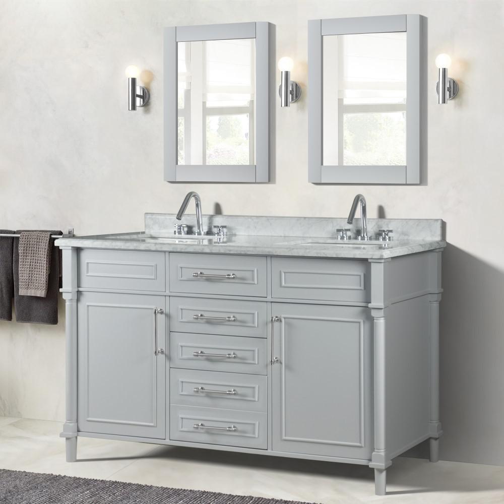 60 DOUBLE VANITY IN L/GRAY WITH WHITE CARRRA MARBLE TOP. Picture 2