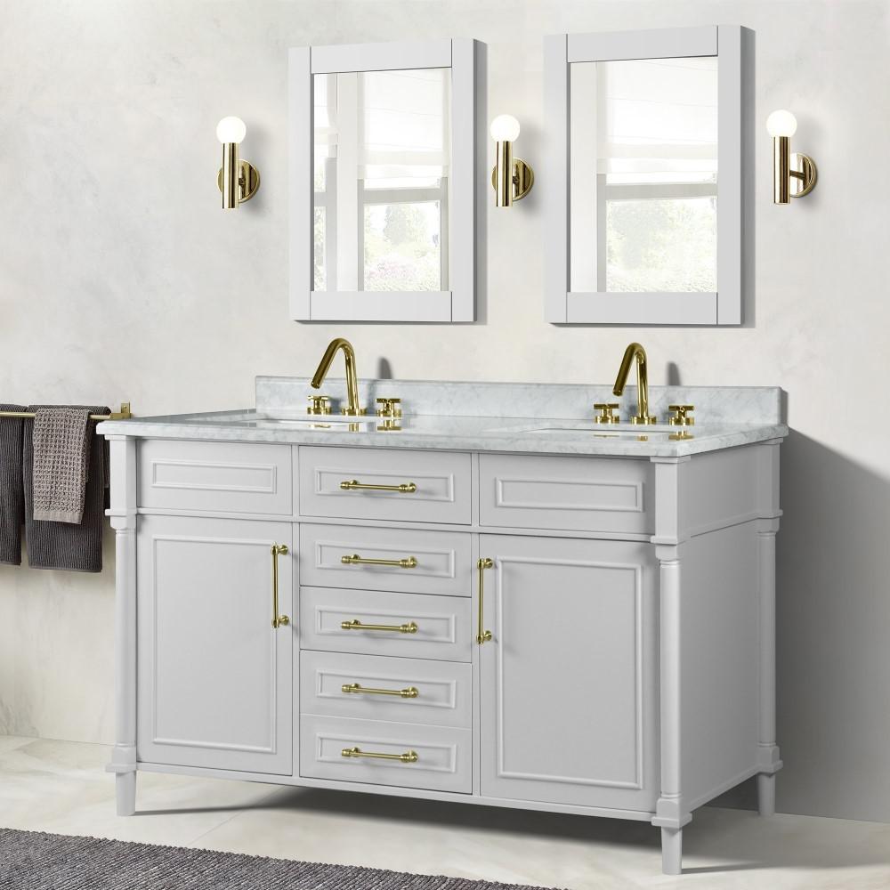 60 DOUBLE VANITY IN WHITE WITH WHITE CARRRA MARBLE TOP. Picture 7