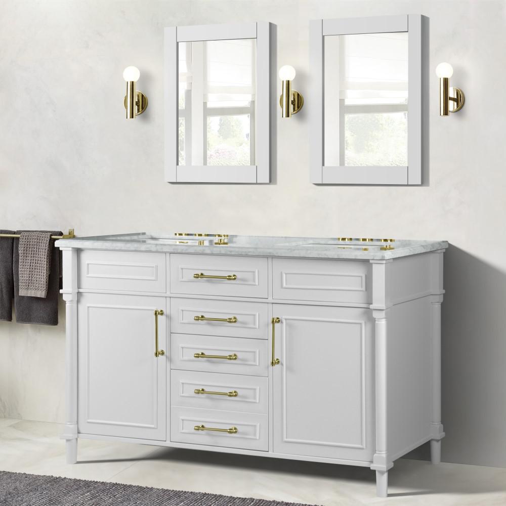 60 DOUBLE VANITY IN WHITE WITH WHITE CARRRA MARBLE TOP. Picture 2