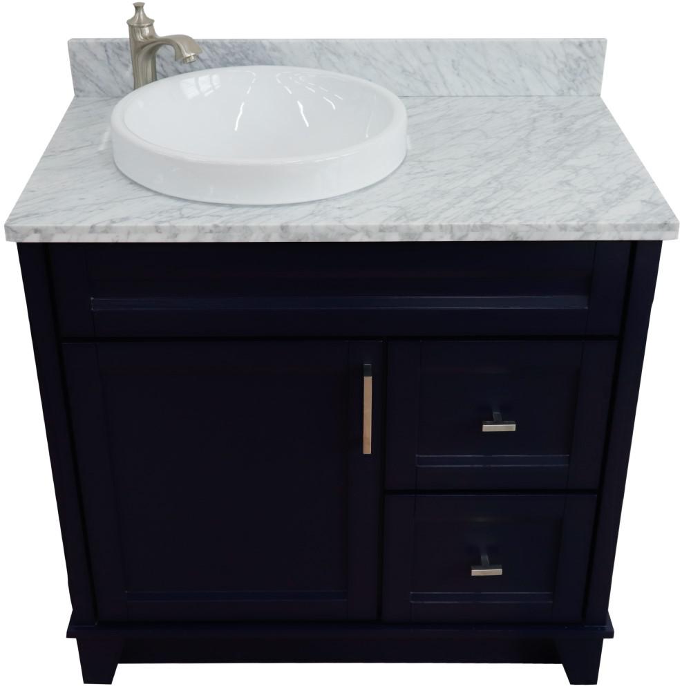 Single sink vanity in Blue with White Carrara marble and door/Round sink. Picture 3