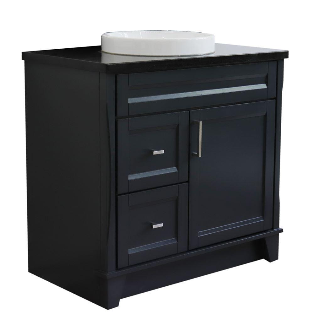 Single sink vanity in Dark Gray with Black galaxy granite and round sink. Picture 1