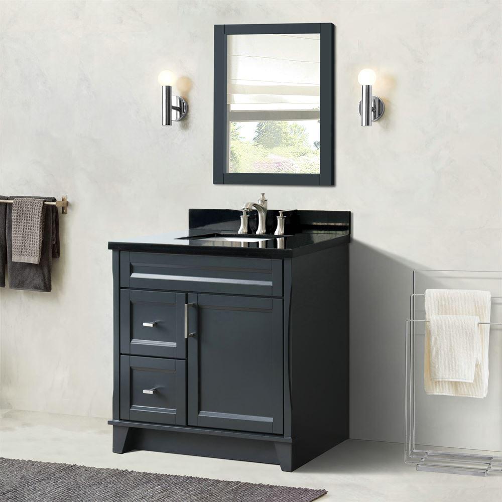 Single sink vanity in Dark Gray with Black galaxy granite and rectangle sink. Picture 4