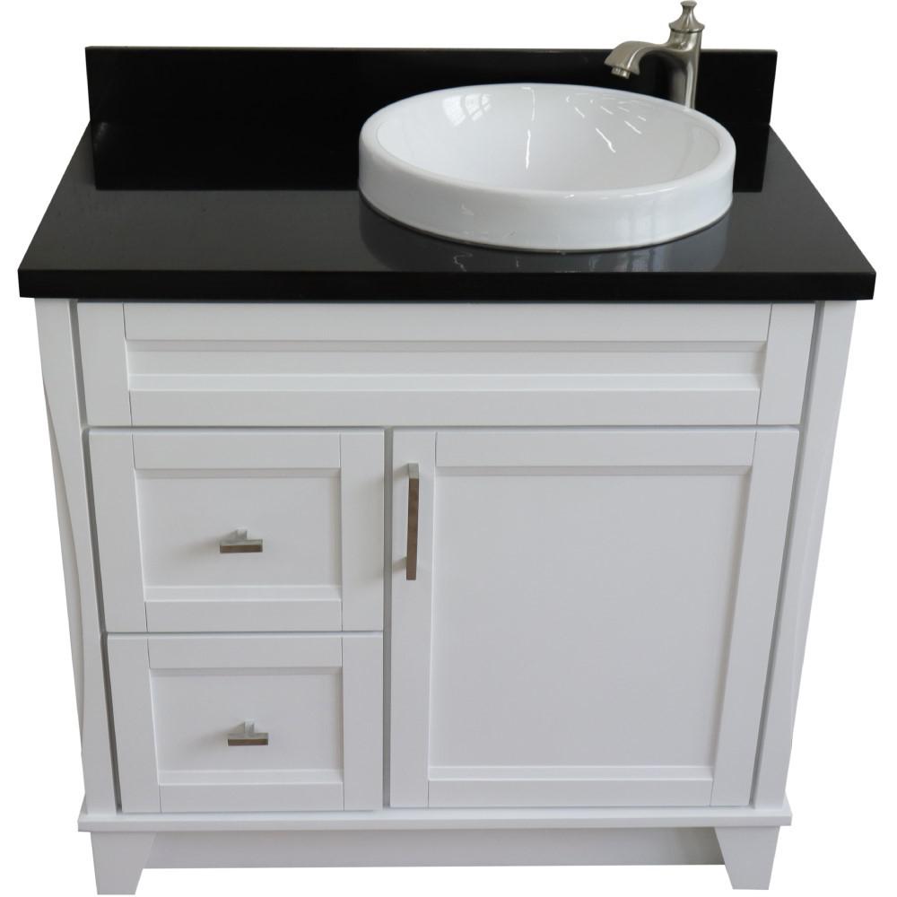 Single sink vanity in White with Black galaxy granite and LEFT round sink. Picture 4