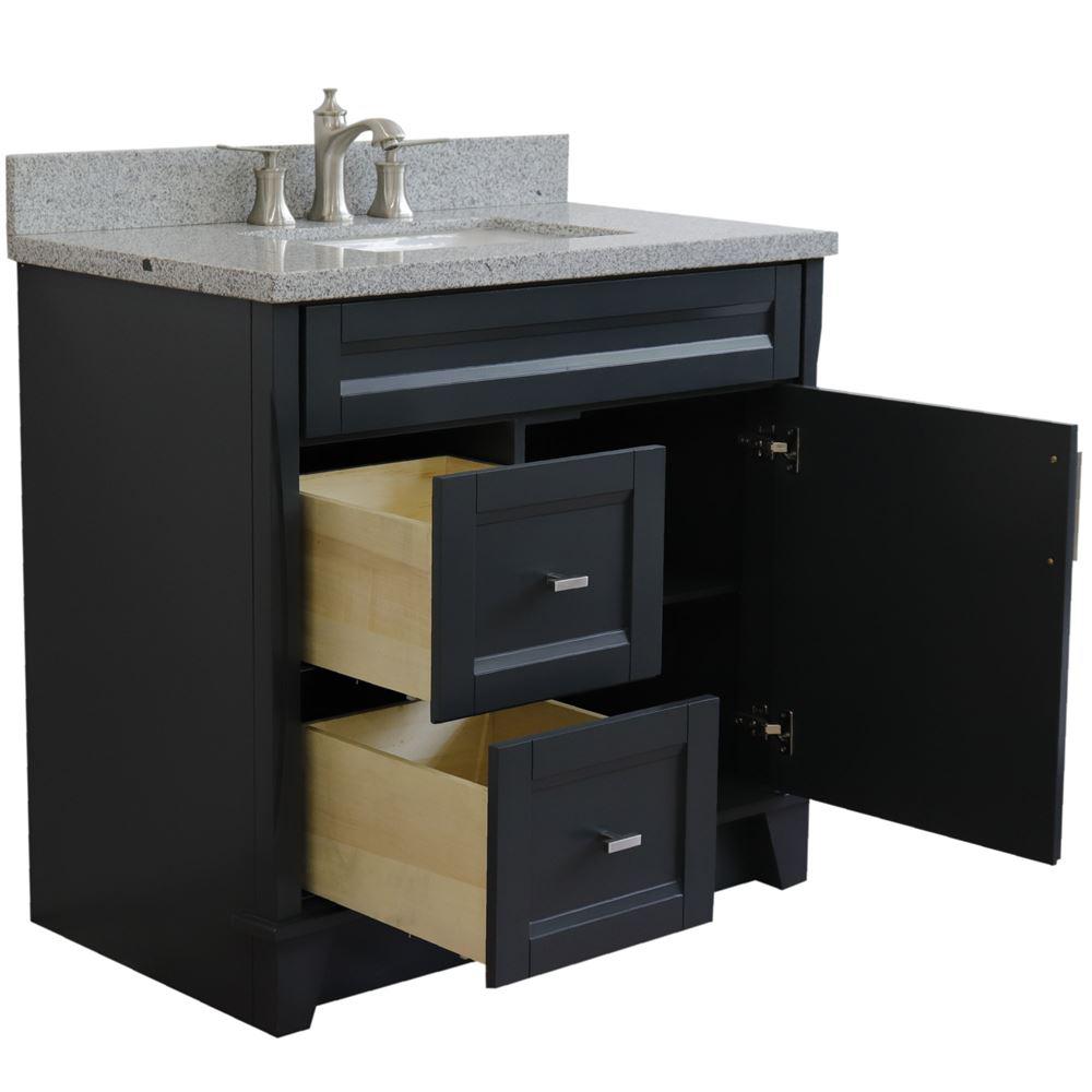 Single sink vanity in Dark Gray with Gray granite and CENTER rectangle sink. Picture 2