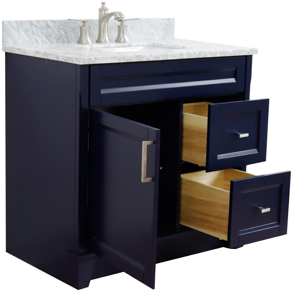 Single sink vanity in Blue with White Carrara marble and door/sink. Picture 2