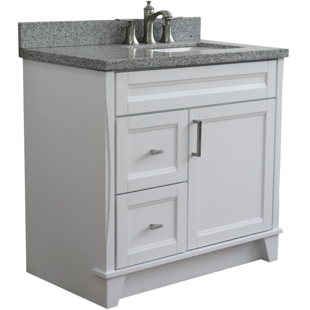 Single sink vanity in White with Gray granite and LEFT rectangle sink. Picture 1
