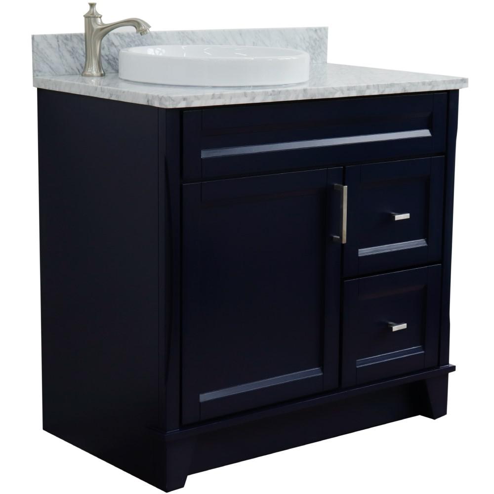 Single sink vanity in Blue with White Carrara marble and door/Round sink. Picture 1