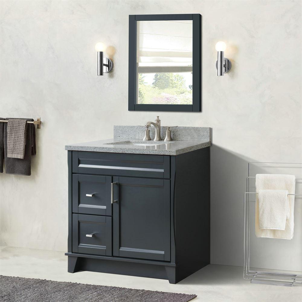 Single sink vanity in Dark Gray with Gray granite and CENTER rectangle sink. Picture 4