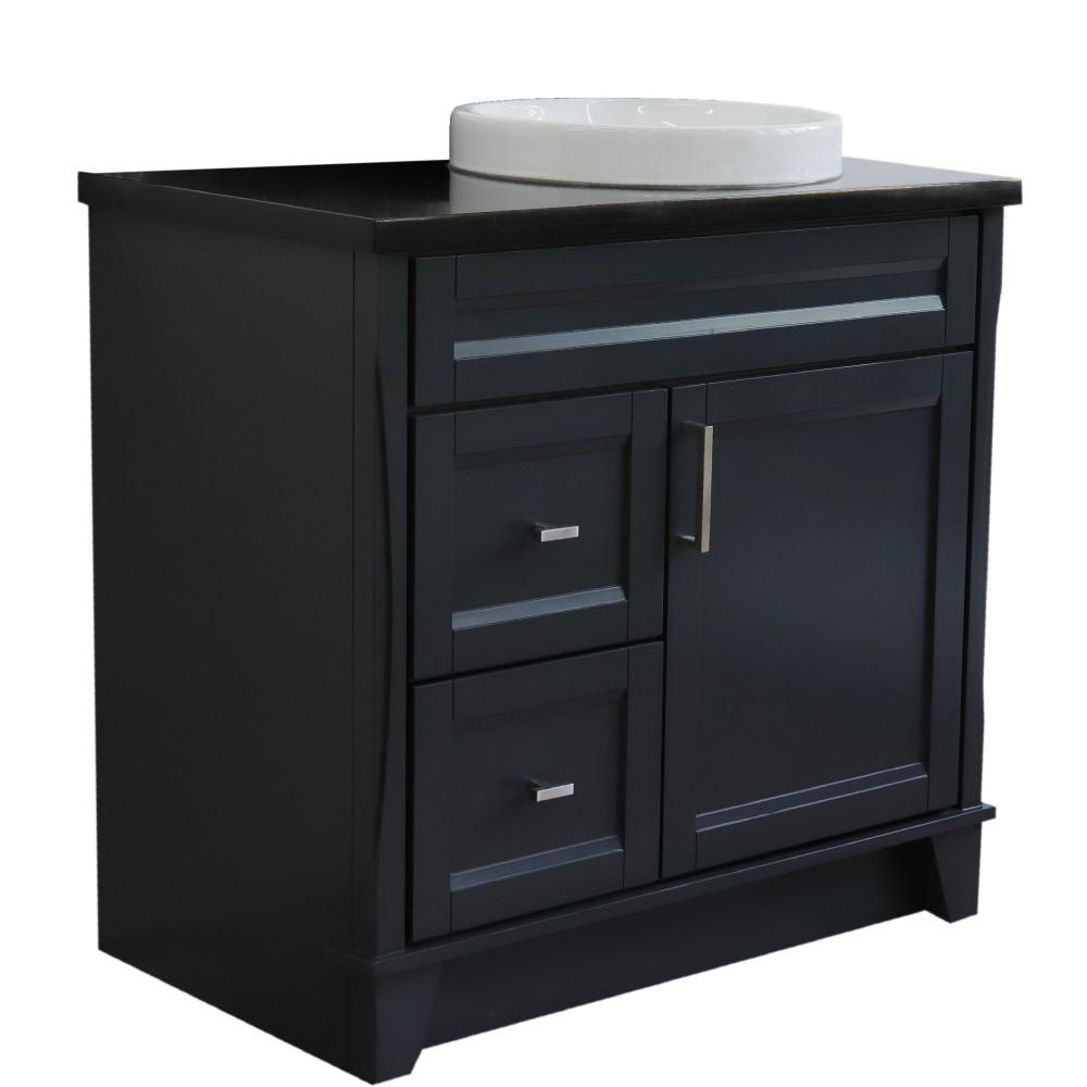 Single sink vanity in Dark Gray with Black galaxy granite and round sink. Picture 1