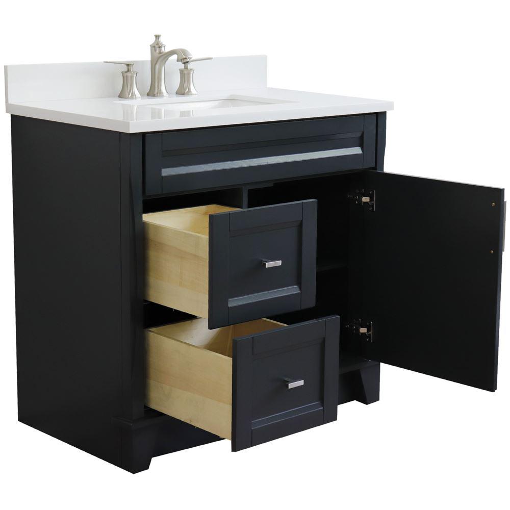 Single sink vanity in Dark Gray with White quartz and CENTER rectangle sink. Picture 2